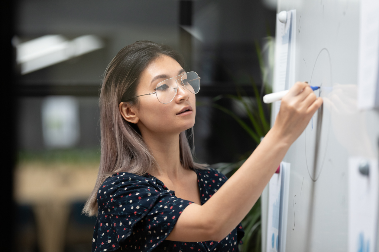 Market research analyst writing on a whiteboard in a conference room.